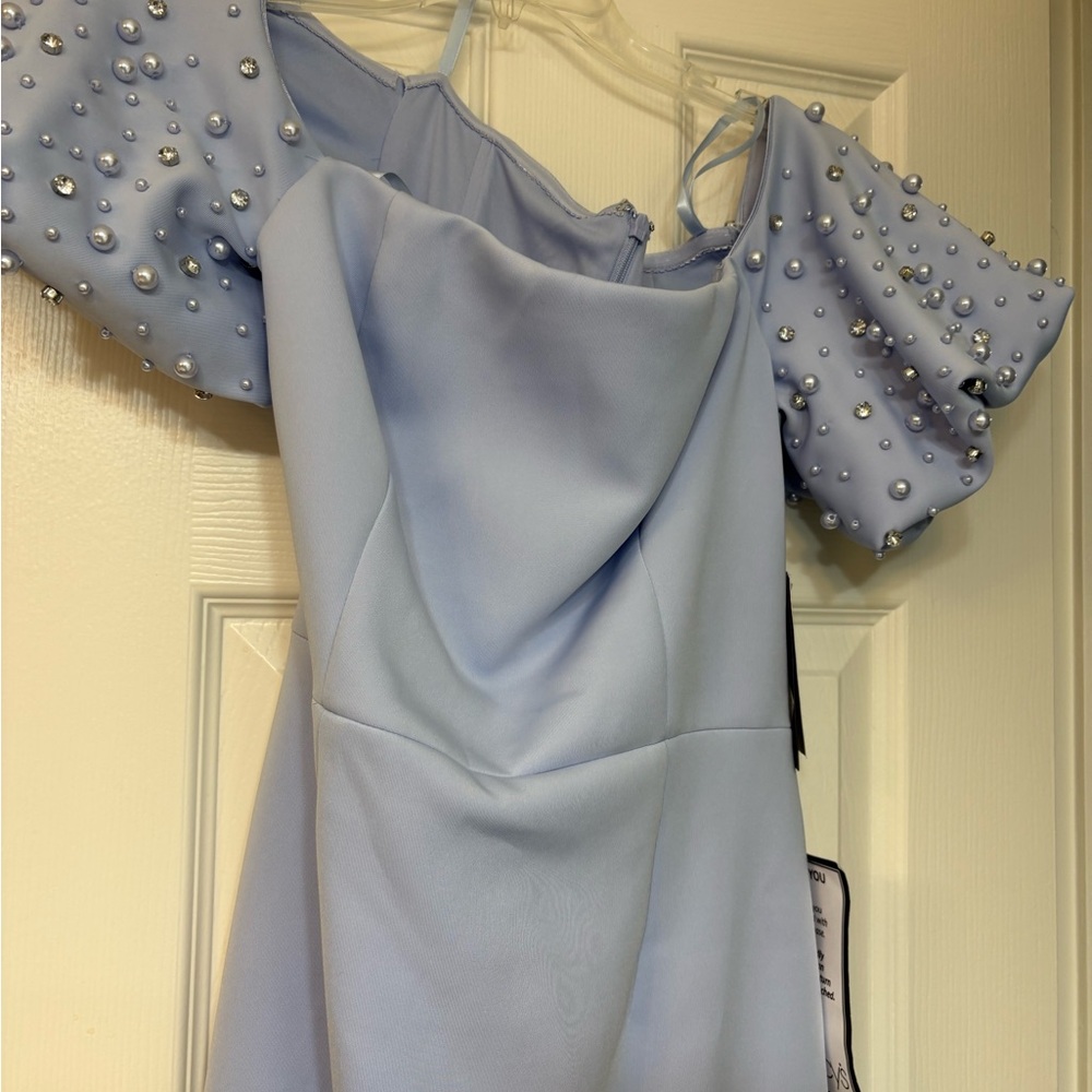 Eliza Light Blue Off-Shoulder Dress with Pearl Embellishments Size 8